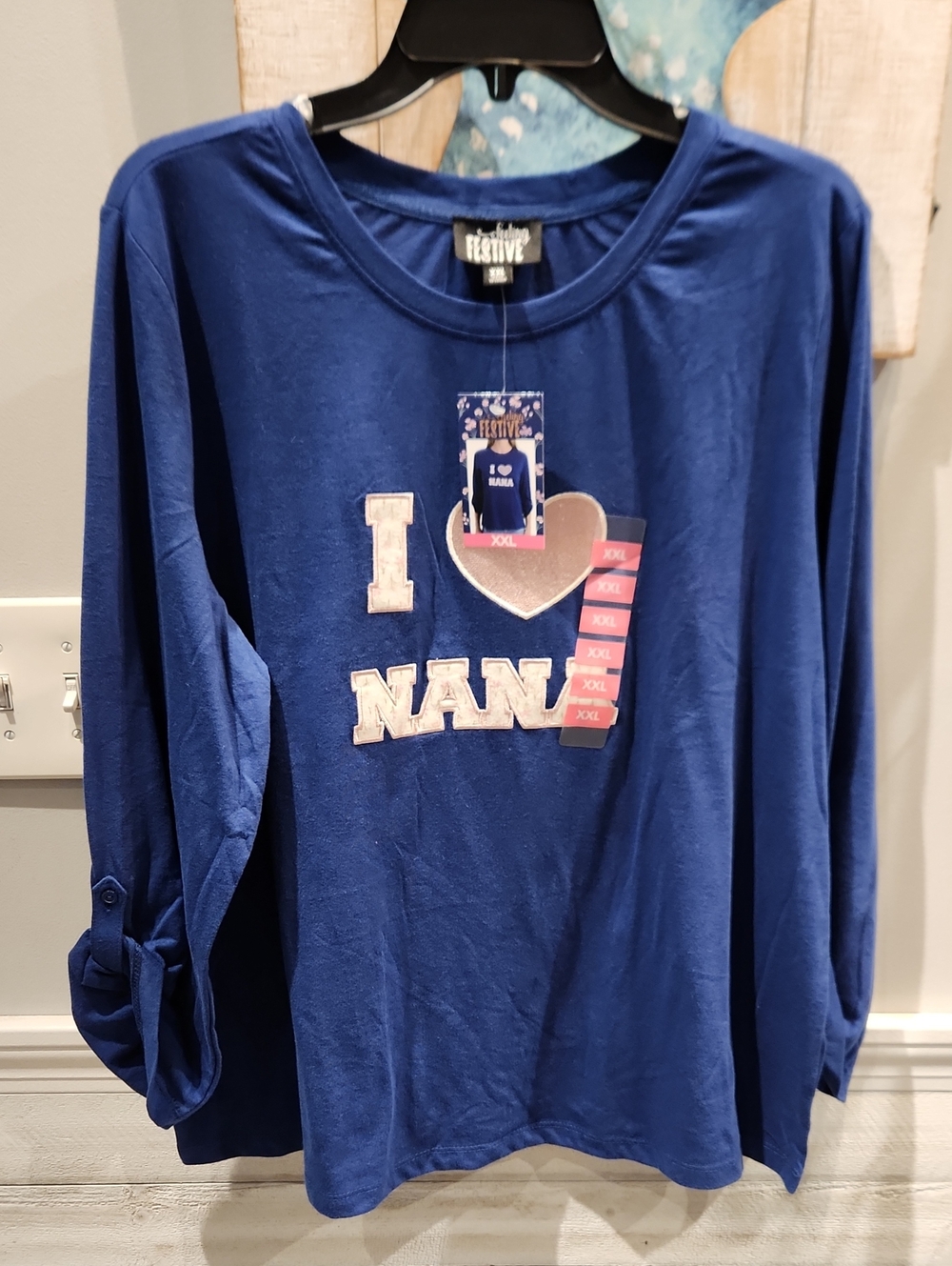 NWT Feeling Festive Blue Long Sleeve 'I ♥ NANA' Embroidered Tee Various Szs